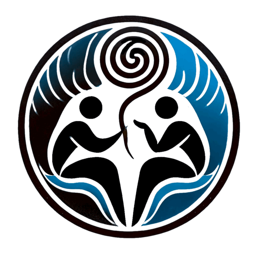 Logo Psychotherapie-Teuschel: 2 Menschen sprechen miteinander. Des Erzählenden Gesprächsfaden entstammt dem Hirn einer größeren übergeordneten Person, die als Leerfläche Sprechenden und Hörenden Raum läßt. Eingetragene Bildmarke