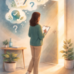 Person mit Klemmbrett in der Hand und Gedankenblasen über dem Kopf (Checkliste, Fragezeichen und Kopf als Symbol für die Gedanken zur eigenen Person), die auf eine offene Tür zugeht, durch die warmes Licht fällt.