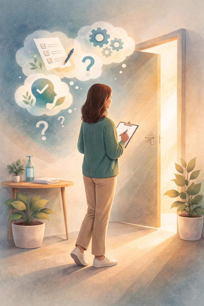 Person mit Klemmbrett in der Hand und Gedankenblasen über dem Kopf (Checkliste, Fragezeichen und Kopf als Symbol für die Gedanken zur eigenen Person), die auf eine offene Tür zugeht, durch die warmes Licht fällt.